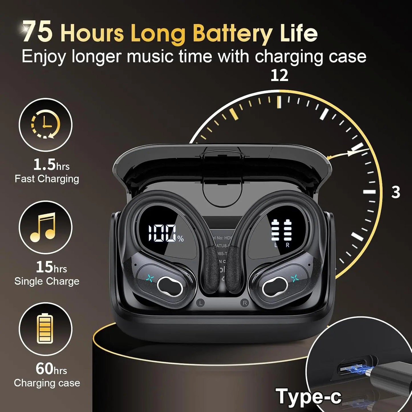 Bluetooth 5.4 Headphones True Wireless Earbuds Bass Stereo Sound with LED Power Display Case 75H Playback Earphones With Mic ENC La Capsule