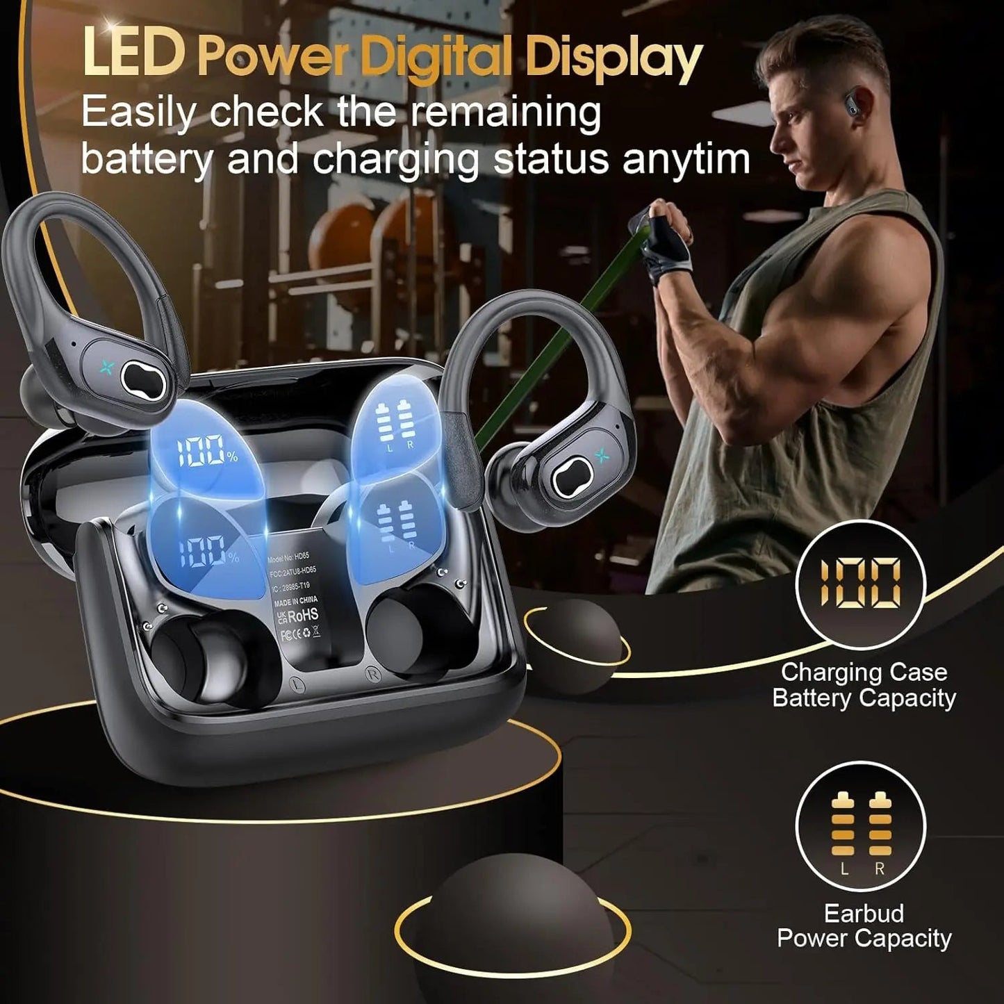 Bluetooth 5.4 Headphones True Wireless Earbuds Bass Stereo Sound with LED Power Display Case 75H Playback Earphones With Mic ENC La Capsule
