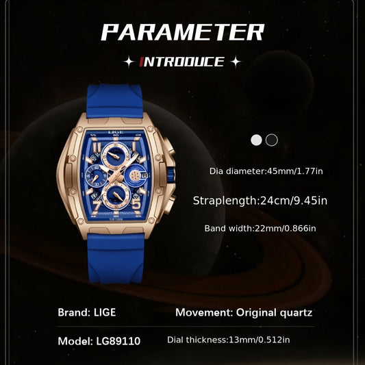Montre d'affaires LIGE pour homme Dessin en tonneau Étanche en Alliage de zinc avec Chronographe et Calendrier Multifonctionnel La Capsule