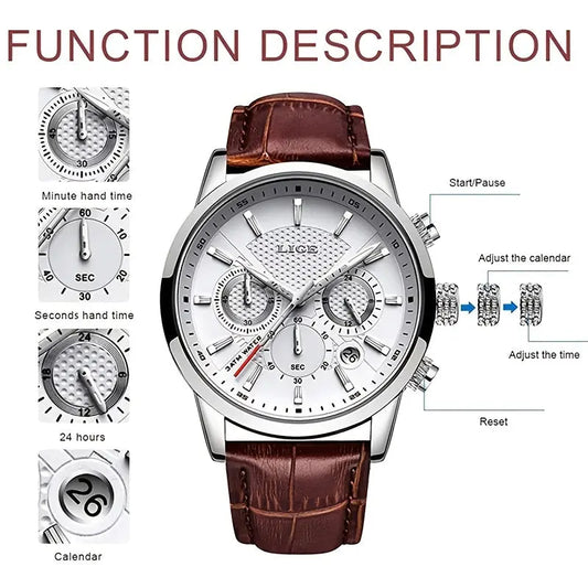 Montre LIGE pour homme Classe Luxe Décontractée en Cuir Mouvement à quartz Sport Chronographe avec Date La Capsule