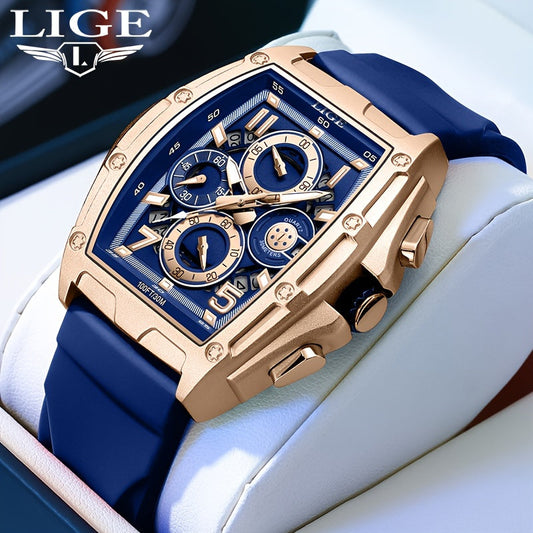 Montre d'affaires LIGE pour homme Dessin en tonneau Étanche en Alliage de zinc avec Chronographe et Calendrier Multifonctionnel La Capsule