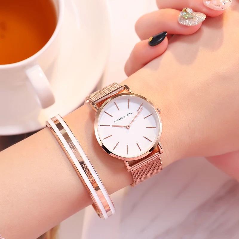 Montre pour femme Hannah Martin Mouvement à quartz japonais Simple Étanche en Acier inoxydable maillé La Capsule