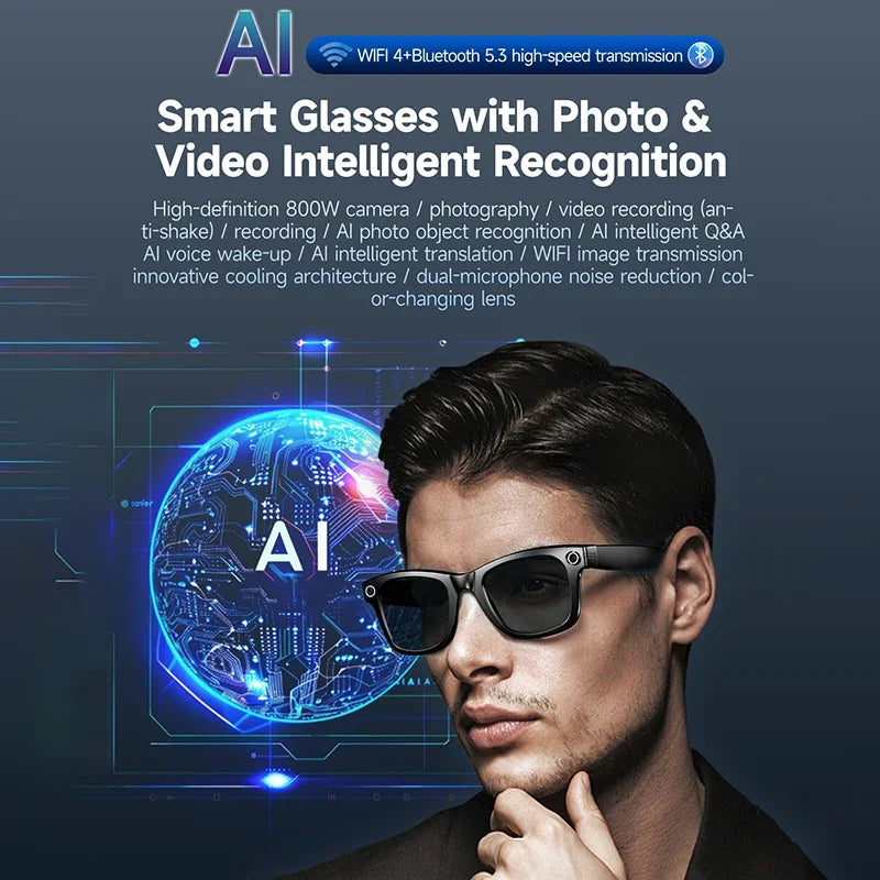 Lunettes intelligente AI Camera Glasse 8MP Enregistrement Vidéo Al Voix Traduction Bluetooth Call Music Lunettes de soleil Hommes Femmes Smart Glasses La Capsule