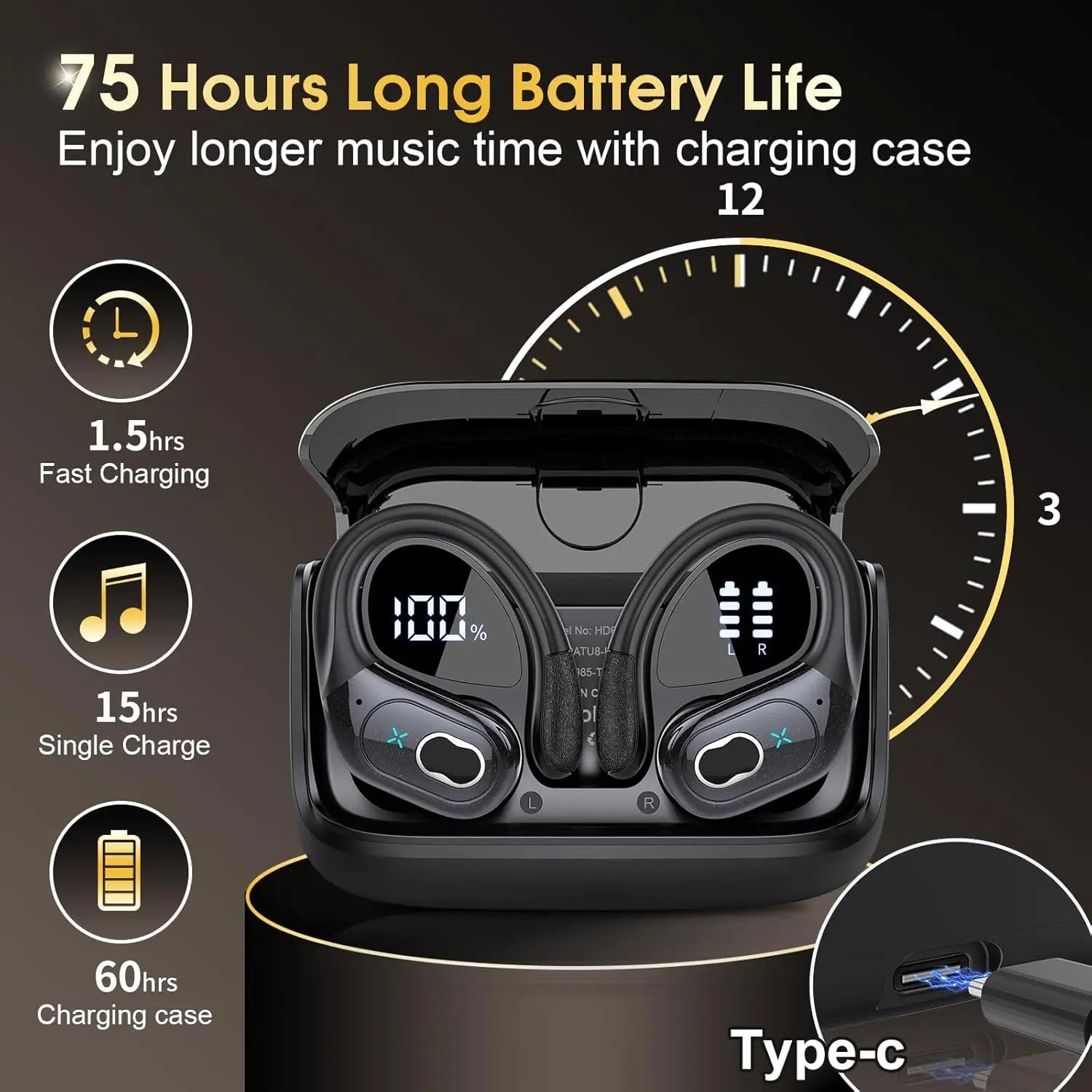 Bluetooth 5.4 Headphones True Wireless Earbuds Bass Stereo Sound with LED Power Display Case 75H Playback Earphones With Mic ENC La Capsule