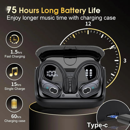 Bluetooth 5.4 Headphones True Wireless Earbuds Bass Stereo Sound with LED Power Display Case 75H Playback Earphones With Mic ENC La Capsule