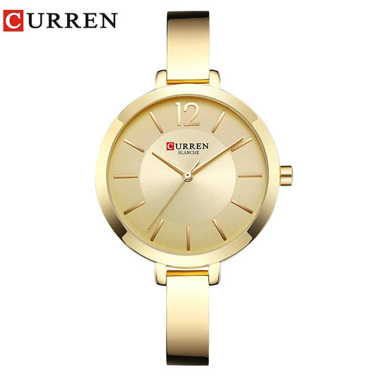 Montre pour femme CURREN Mode dorée Acier inoxydable Ultra fine Quartz Horloge romantique La Capsule