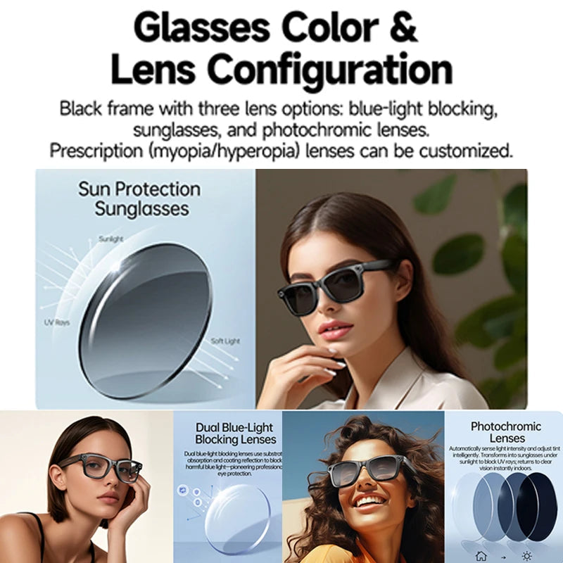 Lunettes intelligente AI Camera Glasse 8MP Enregistrement Vidéo Al Voix Traduction Bluetooth Call Music Lunettes de soleil Hommes Femmes Smart Glasses La Capsule