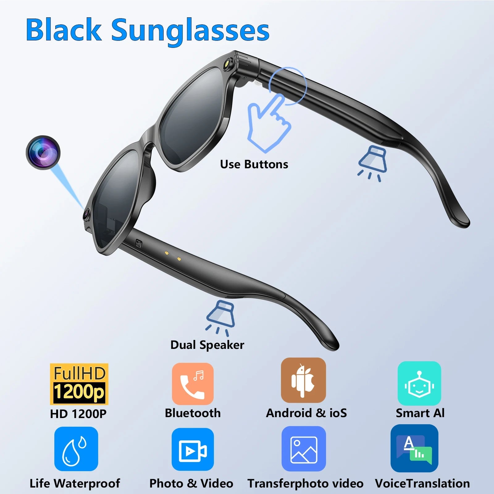 Lunettes intelligente AI Enregistrement Videos AI Photo Reconnaissance Réponse Réponse 270mAh Grande Batterie Lunettes Bluetooth Imperméables La Capsule