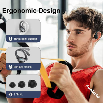 Sports Bluetooth Earphones IPX7 Waterproof Wireless Headphones 60hrs Music with Mic LED Power Display Soft Earhook TWS Earbuds La Capsule