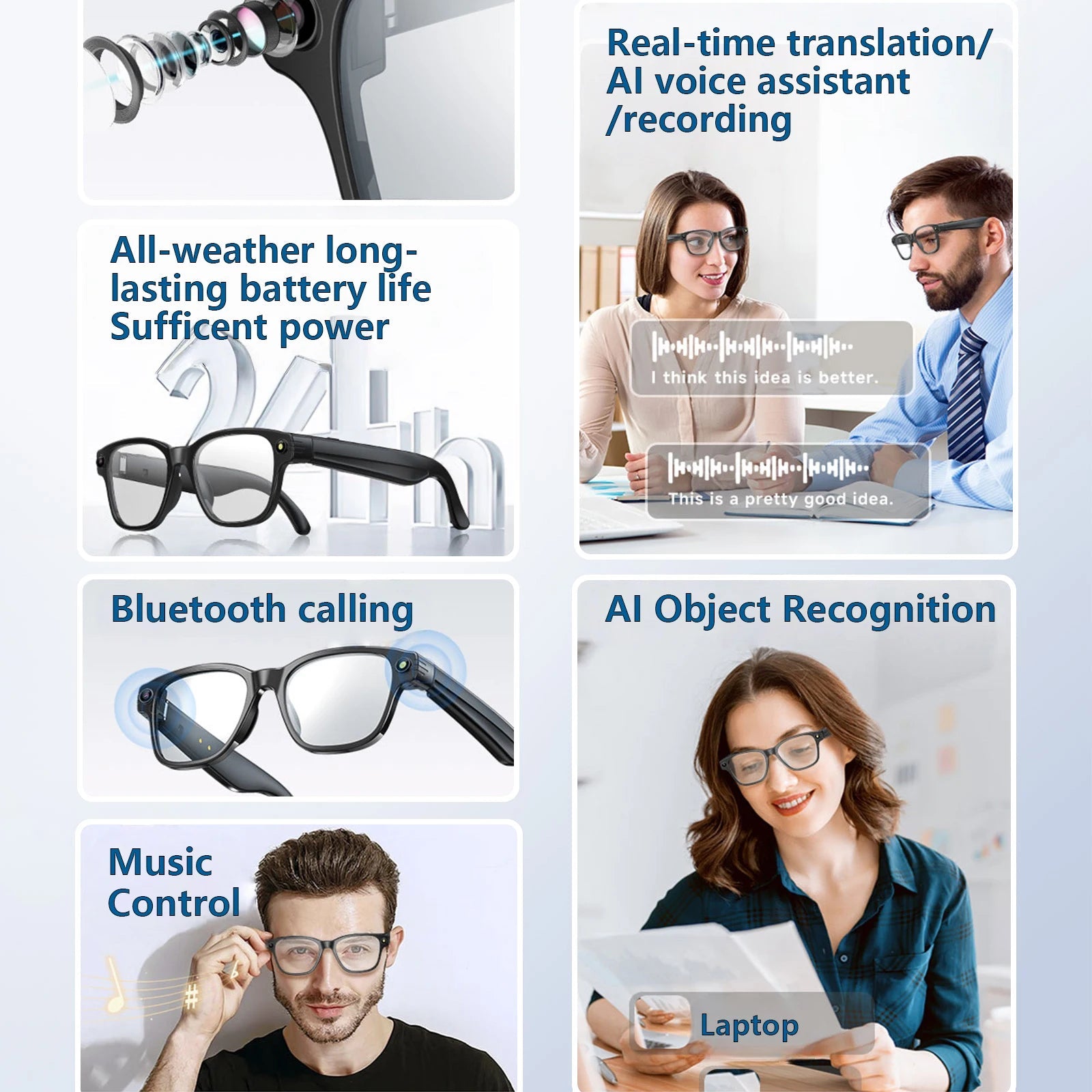 Lunettes intelligente AI Enregistrement Videos AI Photo Reconnaissance Réponse Réponse 270mAh Grande Batterie Lunettes Bluetooth Imperméables La Capsule