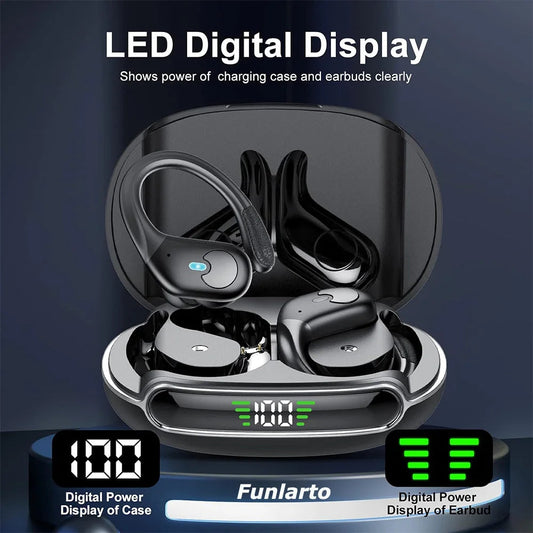 Sports Bluetooth Earphones IPX7 Waterproof Wireless Headphones 60hrs Music with Mic LED Power Display Soft Earhook TWS Earbuds La Capsule