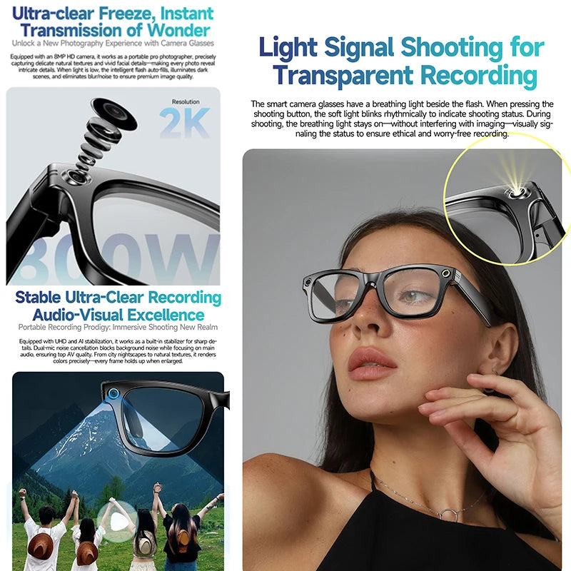 Lunettes intelligente AI Camera Glasse 8MP Enregistrement Vidéo Al Voix Traduction Bluetooth Call Music Lunettes de soleil Hommes Femmes Smart Glasses La Capsule