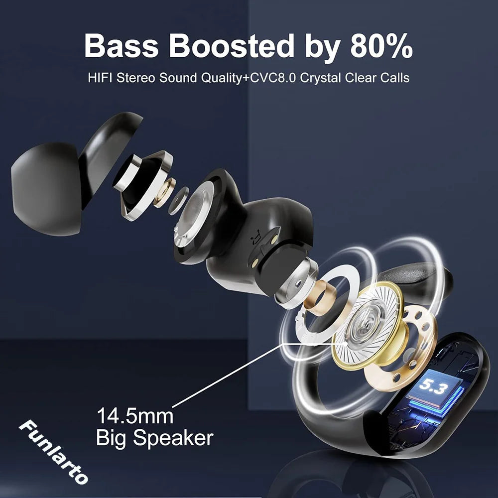 Sports Bluetooth Earphones IPX7 Waterproof Wireless Headphones 60hrs Music with Mic LED Power Display Soft Earhook TWS Earbuds La Capsule