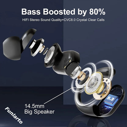 Sports Bluetooth Earphones IPX7 Waterproof Wireless Headphones 60hrs Music with Mic LED Power Display Soft Earhook TWS Earbuds La Capsule