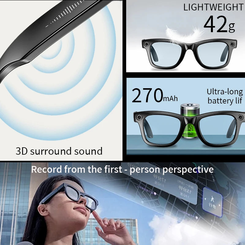 Lunettes d'IA HD Anti-shake Camera Enregistrement vidéo Smart Glasses Appel vocal sans fil Bluetooth Traduction Sunglas La Capsule