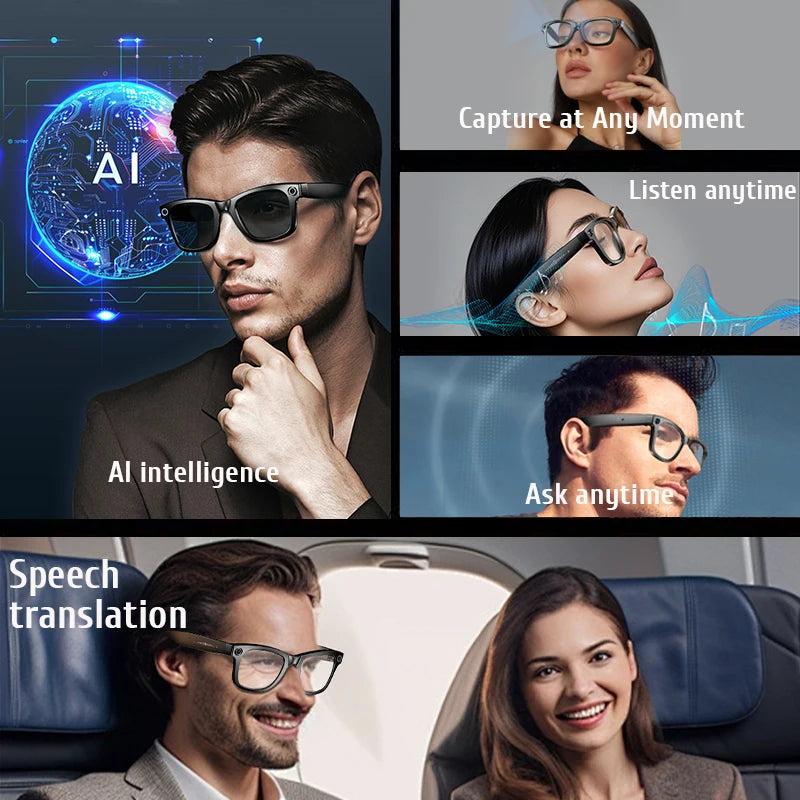 Lunettes d'IA HD Anti-shake Camera Enregistrement vidéo Smart Glasses Appel vocal sans fil Bluetooth Traduction Sunglas La Capsule