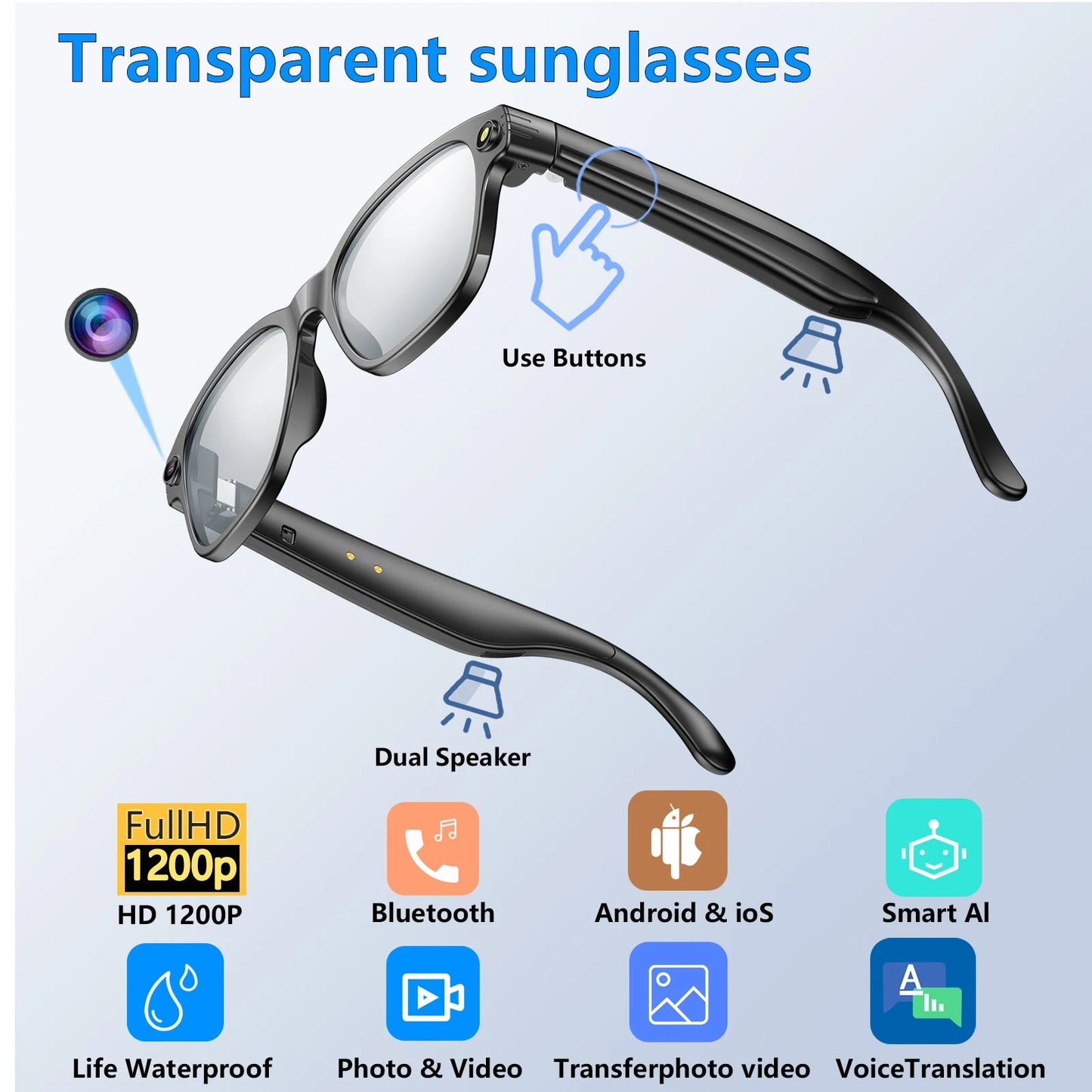 Lunettes intelligente AI Enregistrement Videos AI Photo Reconnaissance Réponse Réponse 270mAh Grande Batterie Lunettes Bluetooth Imperméables La Capsule