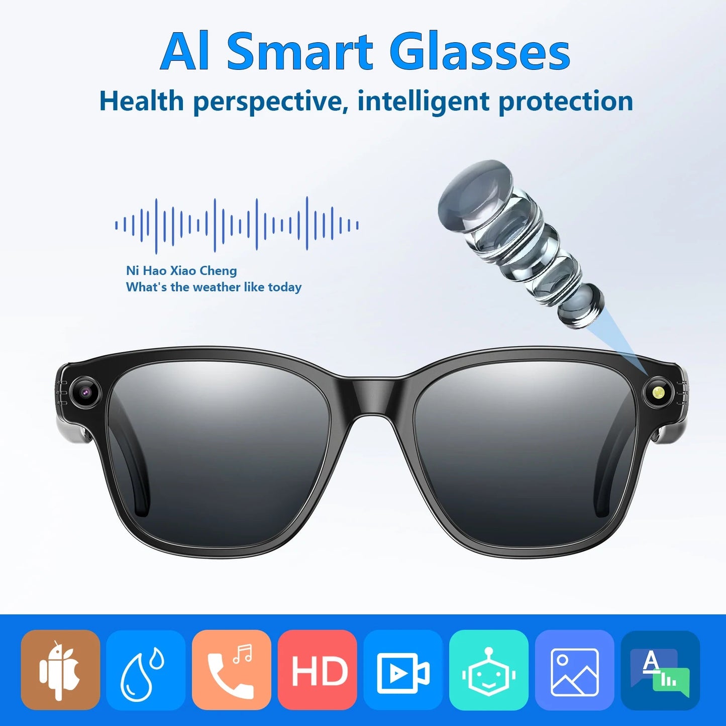 Lunettes intelligente AI Enregistrement Videos AI Photo Reconnaissance Réponse Réponse 270mAh Grande Batterie Lunettes Bluetooth Imperméables La Capsule