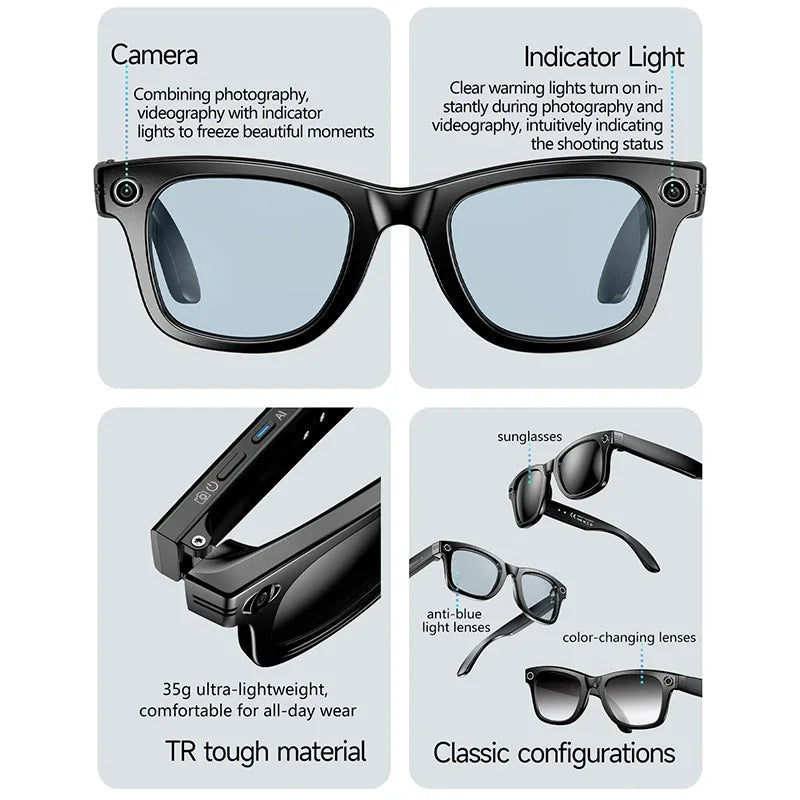 Lunettes intelligente AI Camera Glasse 8MP Enregistrement Vidéo Al Voix Traduction Bluetooth Call Music Lunettes de soleil Hommes Femmes Smart Glasses La Capsule