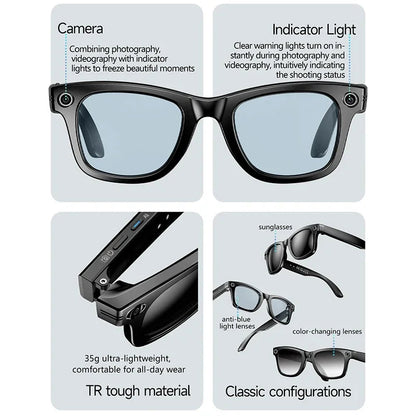 Lunettes intelligente AI Camera Glasse 8MP Enregistrement Vidéo Al Voix Traduction Bluetooth Call Music Lunettes de soleil Hommes Femmes Smart Glasses La Capsule