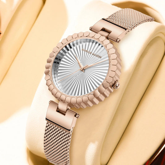 Montre de style luxe pour femme Hannah Martin cadran géométrique doré Bracelet en Acier inoxydable à mailles Mouvement à quartz La Capsule
