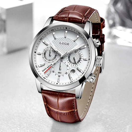 Montre LIGE pour homme Classe Luxe Décontractée en Cuir Mouvement à quartz Sport Chronographe avec Date La Capsule